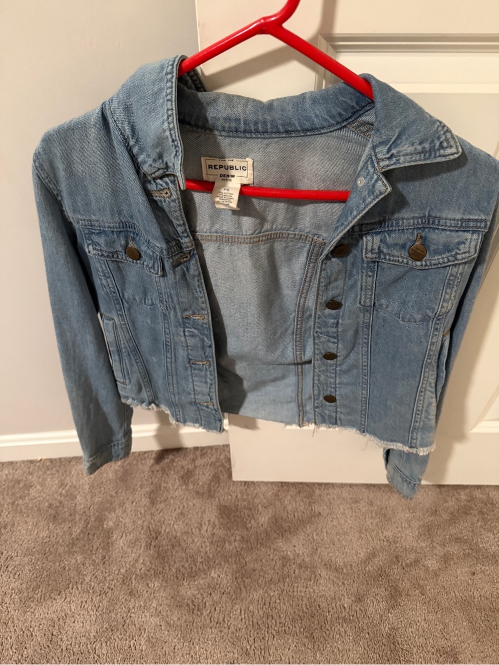 For The Republic Light Blue Cropped Denim Jacket with Raw Hem